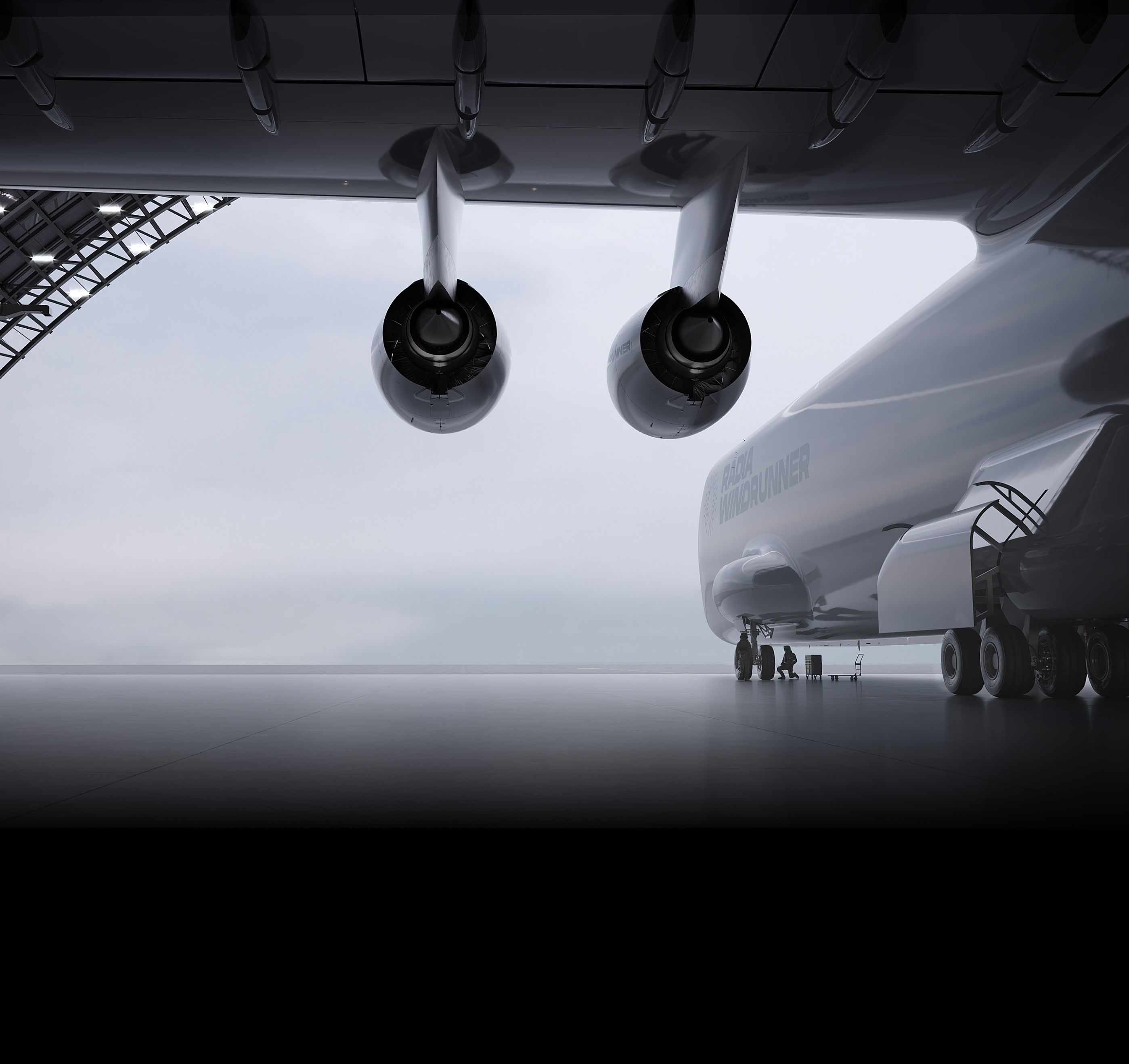 Under wing view of WindRunner in a hangar