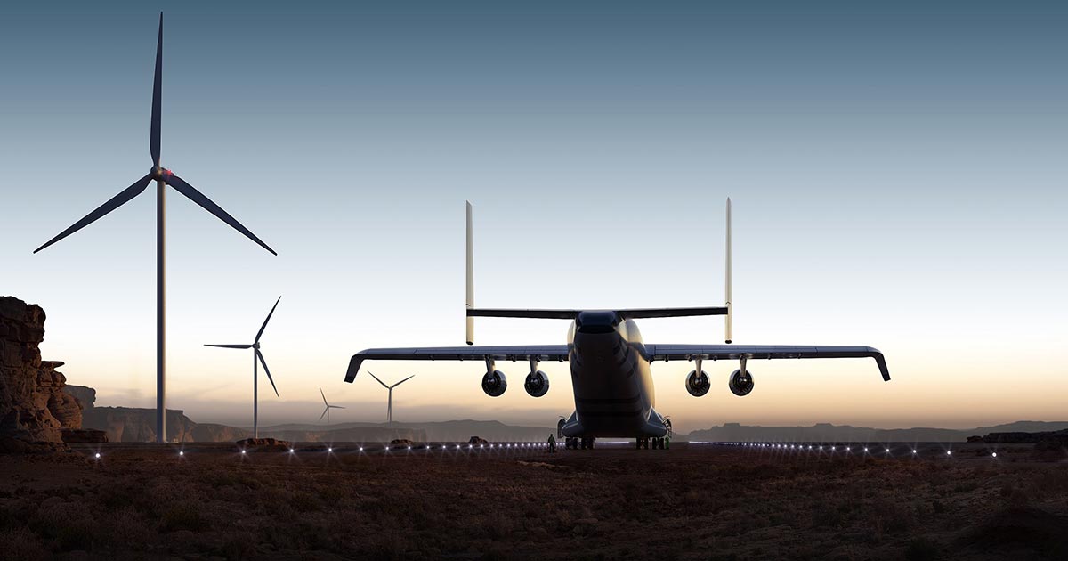 WINDRUNNER COMBINES THE WORLD'S LARGEST PAYLOAD BAY WITH THE ABILITY TO LAND ON SEMI-PREPARED AIRSTRIPS AT WIND FARM SITES Blades are loaded thr
